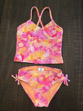 Girls Floral Tankini Swim Set in Pink & Orange